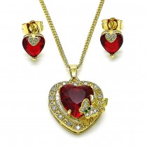Gold Filled Earring and Pendant Set Heart and Butterfly Design with Garnet Cubic Zirconia Polished Golden Finish