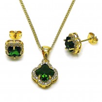 Gold Filled Earring and Pendant Set Flower Design with White and Emerald Micro Pave Cubic Zirconia Polished Golden Finish
