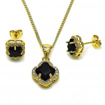 Gold Filled Earring and Pendant Set Flower Design with White and Black Micro Pave Cubic Zirconia Polished Golden Finish