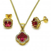 Gold Filled Earring and Pendant Set Flower Design with White and Garnet Micro Pave Cubic Zirconia Polished Golden Finish