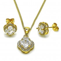 Gold Filled Earring and Pendant Set Flower Design with White Micro Pave Polished Golden Finish