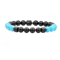 Men's Genuine Onyx And Turquoise Black Plated Stainless Steel Beaded Bracelet