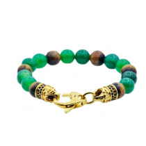 Men's Genuine Green Agate And Tiger Eye Gold Plated Stainless Steel Beaded Bracelet