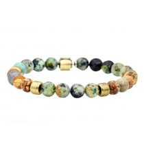 Men's Genuine African Turquoise And Jasper Gold Plated Stainless Steel Beaded Bracelet