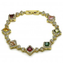 Gold Filled Tennis Bracelet Cluster and Heart Design with Multicolor and White Cubic Zirconia Polished Golden Finish