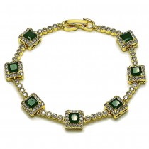 Gold Filled Tennis Bracelet Cluster Design with Green and White Cubic Zirconia Polished Golden Finish 8 Inches Length