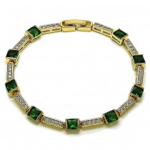 Gold Filled Tennis Bracelet with Green and White Cubic Zirconia Polished Golden Finish 8 Inches Length