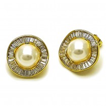 Gold Filled Stud Earring Cluster and Baguette Design with White Cubic Zirconia and Ivory Pearl Polished Golden