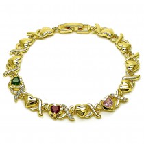 Gold Filled Fancy Bracelet Hugs and Kisses and Heart Design with Multicolor and White Cubic Zirconia, Polished Golden Finish 8 Inches Length