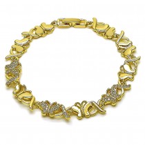Gold Filled Fancy Bracelet Hugs and Kisses and Butterfly Design with White Cubic Zirconia Polished Golden Finish 8 Inches Length