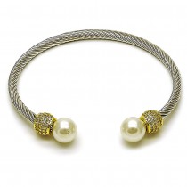 Stainless Steel Bangle Twist and Ball Design with Ivory Pearl and White Micro Pave Polished Steel Finish 4 MM Thickness One size fits all