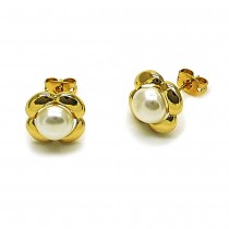 Gold Filled Stud Earrings Four-leaf Clover and Ball Design with Ivory Pearl Polished Golden Finish