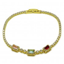 Gold Filled Fancy Bracelet Cluster and Baguette Design with Multicolor and White Cubic Zirconia Polished Golden Finish 2 MM Thickness 7 Inches Length