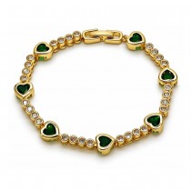 Gold Filled Tennis Bracelet Heart Design with Green and White Cubic Zirconia Polished Golden Finish