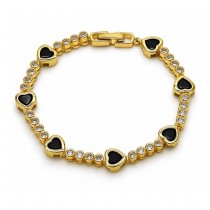 Gold Filled Tennis Bracelet Heart Design with Black and White Cubic Zirconia Polished Golden Finish