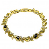 Gold Filled Fancy Bracelet Hugs and Kisses and Heart Design with Black and White Cubic Zirconia Polished