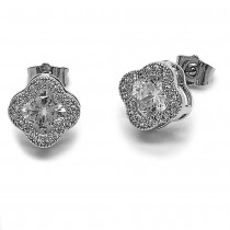 Gold Filled Stud Earrings Four-leaf Clover Design with White Cubic Zirconia and White Micro Pave Polished Rhodium Finish