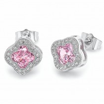 Gold Filled Stud Earrings Four-leaf Clover Design with Pink Cubic Zirconia and White Micro Pave Polished Rhodium Finish