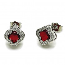 Gold Filled Stud Earrings Four-leaf Clover Design with Garnet Cubic Zirconia and White Micro Pave Polished Rhodium Finish
