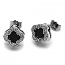 Gold Filled Stud Earrings Four-leaf Clover Design with Black Cubic Zirconia and White Micro Pave Polished Rhodium Finish