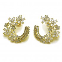 Gold Filled Stud Earring Flower and Baguette Design with White Cubic Zirconia and White Micro Pave Polished Golden Finish