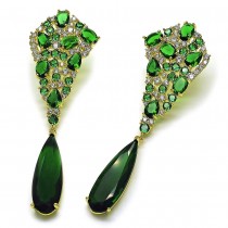 Gold Filled Long Earring Teardrop Design with Green and White Cubic Zirconia Polished Golden Finish