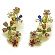 Gold Filled Stud Earring Flower Design with Multicolor Cubic Zirconia and White Micro Pave Polished Golden Finish
