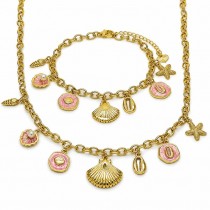 Gold Filled Necklace and Bracelet Shell and Fish Design with Ivory Pearl Dark Pink Enamel Finish