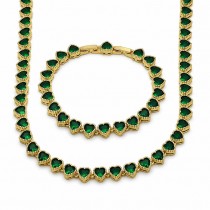 Gold Filled Necklace and Bracelet Heart Design with Emerald Green Cubic Zirconia Polished Golden Finish