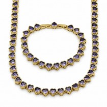 Gold Filled Necklace and Bracelet Heart Design with Purple Cubic Zirconia Polished Golden Finish