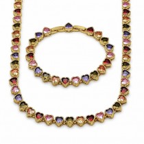 Gold Filled Necklace and Bracelet Heart Design with Multicolor Cubic Zirconia Polished Golden Finish