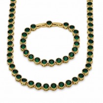 Gold Filled Necklace and Bracelet Round Design with Emerald Green Cubic Zirconia Polished Golden Finish