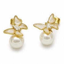 Gold Filled Stud Earring Butterfly and Ball Design with Ivory Pearl and White Cubic Zirconia White Enamel Finish