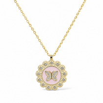 Sterling Silver Yellow Gold Plating Butterfly Necklace With Enamel & Cubic Zirconia