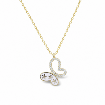 Sterling Silver Yellow Gold Plated Butterfly Necklace With Pink Enamel & Cubic Zirconia