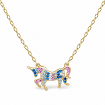 Sterling Silver Rhodium & Yellow Gold Plated Unicorn Necklace With Micropave Cubic Zirconia