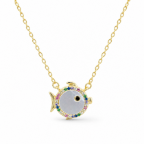 Sterling Silver Yellow Gold Plated Gold Fish Necklace With Mother Of Pearl & Cubic Zirconia