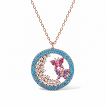Sterling Silver Rose Gold Plated Round Butterfly Necklace With Turquoise, Ruby & Cubic Zirconia