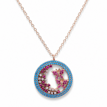Sterling Silver Rose Gold Plated Round Butterfly Necklace With Turquoise, Ruby & Cubic Zirconia