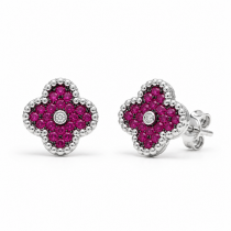 Sterling Silver Rhodium Plated Four Leaf Flower Design Push Back Studs With Cubic Zirconia
