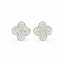 Sterling Silver Rhodium Plated Four Leaf Push Back Stud Earrings With Cubic Zirconia