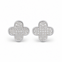 Sterling Silver Rhodium Plated Four Leaf Push Back Stud Earrings With Cubic Zirconia