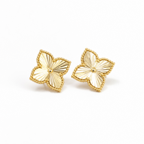 Sterling Silver Rhodium & Yellow Gold Plated Flower Design Diamond Cut Push Back Stud Earrings