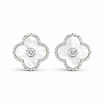 Sterling Silver Rhodium Plated Four Leaf Push Back Stud Earrings With Mother Of Pearl & Cubic Zirconia