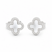 Sterling Silver Rhodium & Yellow Gold Plated Four Leaf Push Back Stud Earrings With Mother Of Pearl & Cubic Zirconia