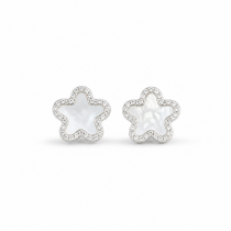 Sterling Silver Rhodium Plated Flower Push Back Stud Earrings With Mother Of Pearl & Cubic Zirconia