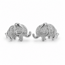 Sterling Silver Rhodium Plated Elephant Pushback Stud Earrings With Cubic Zirconia