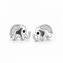 Sterling Silver Rhodium Plated Elephant Pushback Stud Earrings With Cubic Zirconia
