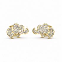 Sterling Silver Rhodium & Yellow Gold Plated Elephant Pushback Stud Earrings With Cubic Zirconia