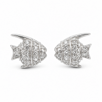 Sterling Silver Rhodium Plated Fish Pushback Studs With Cubic Zirconia